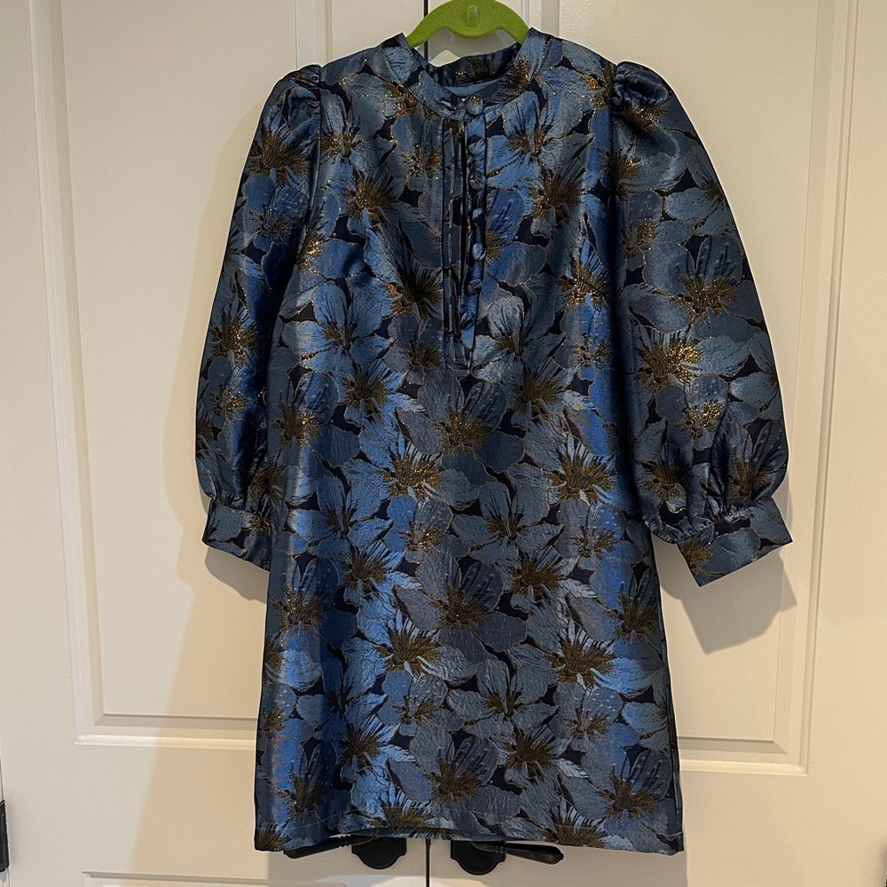 Pomander Place Blue and Gold Floral Puff-Sleeve Dress